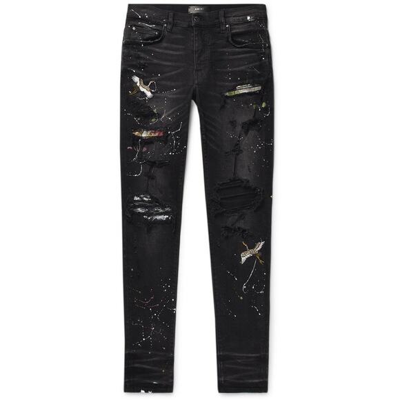AMIRI Skinny-Fit Appliquéd Paint-Splatter Distressed Stretch-Denim Jean Black 28 - Picture 2 of 15